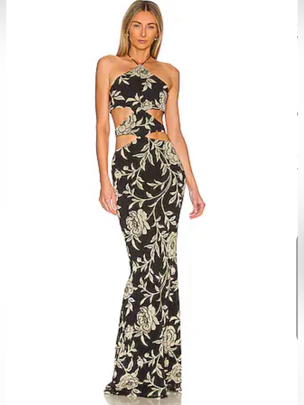 Katie May Black Sloane Gown Maxi Dress with Ivory Floral Cutouts from Revolve